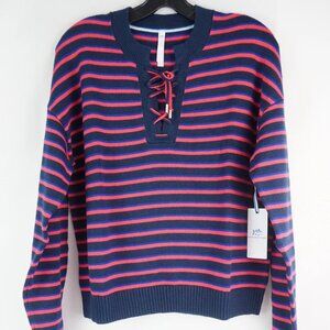 Southern Tide Women's Raelyn Tie Neck Sweater Blue & Red Stripes Oversized Fit